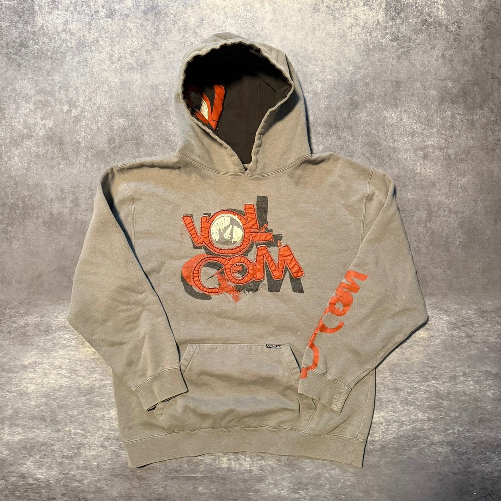 Vtg Y2K Volcom Hoodie Youth XL Mens Small Gray Orange Spellout Skate Pullover
